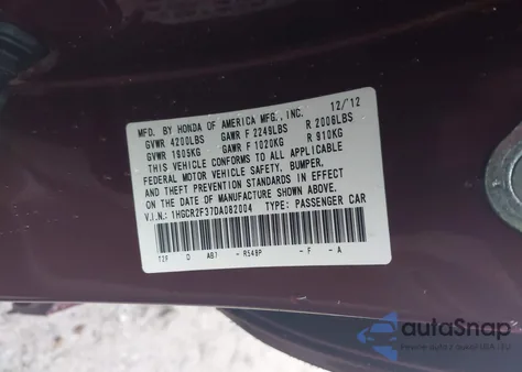 2013 Honda Accord Lx z USA, uszkodzony, nr VIN 1HGCR2F37DA082004